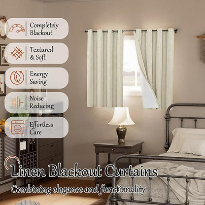 Lajode Blackout Curtains 54 Inch Length 2 Panels for Bedroom, Thermal Insulated Total Light Blocking Noise Reducing Linen Window Curtains for Farmhouse, Bronze Grommet, Natural, Each 52" Wide
