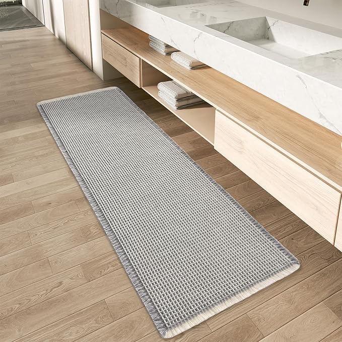 Upgraded Waffle Runner Rug Super Absorbent Non Slip Bath Mats for Bathroom Machine Washable Bathroom Runner Rug with Tassels, Ideal for Hallway Bedroom Laundry Room, 17" x 72", LightGrey & Cream