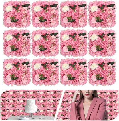 12Pcs Artificial Flower Wall Panel 3D Floral Backdrop Walls15 X 15" Flower Wall Decor Panel Flower Backdrop for Party Home Background Decor-Dark Pink, White