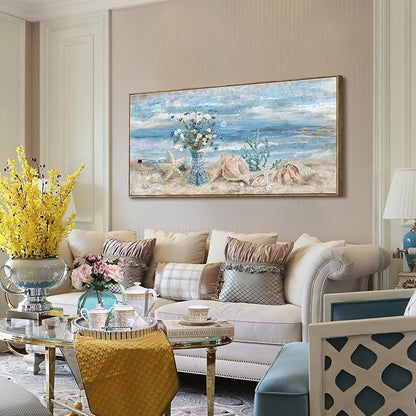 Large Canvas Framed Wall Art for Bedroom Blue Ocean Theme Seaside Home Decor Flower in Indian Vase Beach Picture Coastal Landscape Abstract Seascape Artwork Sea View Painting Print 60" W x 30" H