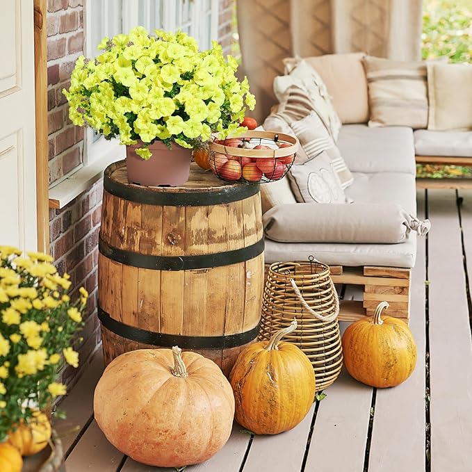 Yellow Artificial Morning Glory Fall Faux Flowers for Outdoor Decoration, 12 Bundles Realistic Silk Flowers with Eucalyptus for Autumn Home Decor Patio Porch Garden Planter Window Box Yard