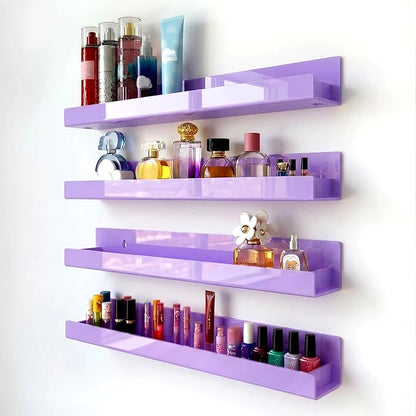 4 Pack 15 Inch Purple Acrylic Shelves, Kids Floating Bookshelf for Kids Room, Modern Nail Polish Rack Sunglasses Essential Oil Picture Ledge Display Toy Storage Wall Shelf