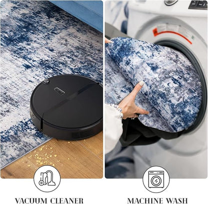 Modern Abstract Runner Rug 2x6, Grey Navy Blue Colorful Washable Kitchen Runner Non-Slip Soft Hallway Rug Runner Thin Print Faux Wool Carpet for Entryway Bedroom Laundry Room Indoor Home Decor