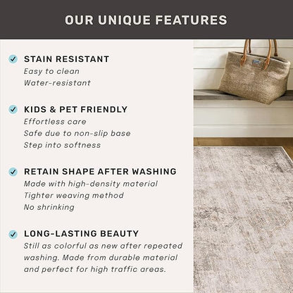 Distressed Farmhouse 5x7 Washable Rug for Living Room, Bedroom, Foyer, Under Dining Table, Neutral Abstract Medallion, Ultra Soft Faux Wool Non Slip Low Pile Stain Resistant, Beige & Brown