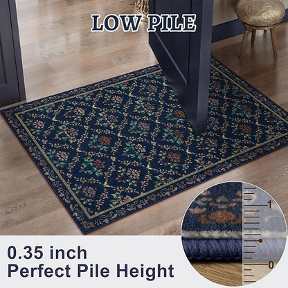 Tangsoo 5x7 Washable Area Rug, Non Slip Blue Floral Indoor Rug, Soft Low Pile Floor Carpet for Living Room, Bedroom, Dining Room, Pet & Child Friendly Room Decor, Easy to Clean