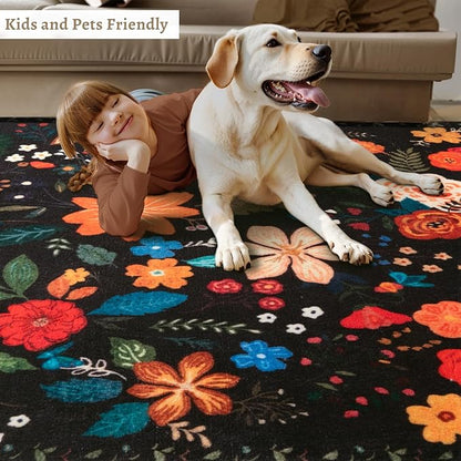 Tangsoo 5x7 Area Rug for Living Room Bedroom, Non Slip Machine Washable Boho Floral Rug, Low Pile Large Floor Carpet Indoor Mats for Kids Room, Farmhouse, Dining Room, Office(Black)
