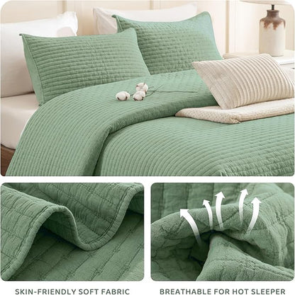 Sanracie Stonewashed Cotton Coverlet Queen Size(90"x98"), Green Ultra Soft Crinkle Quilt Bedding Set 3Pcs Cross Stitch Pattern Lightweight Breathable Bedspread Set for All Season
