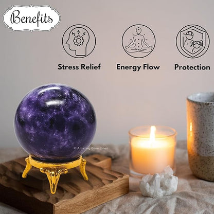 Amazing Gemstone Lepidolite Crystal Ball with Stand - 1.5" Inches Crystal Sphere Meditation Balls for Witchcraft and Decorative Balls