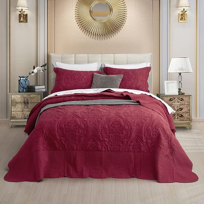 CHIXIN Oversized Bedspread Coverlet Set King Size - Lightweight Bedding Cover - Beautiful Stitching - 5 Piece Reversible Bedspread - Gorgeous Damask Paisley Pattern (King, Wine Red)