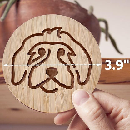 Set of 6 Bamboo Laser-Engraved Fun Dog Coasters with Iron Holder - Gift Packaging 3.9 Inch Non-Stick Absorbent Durable and Unbreakable Wooden Cup Coasters for Dog Lovers (Doodle)