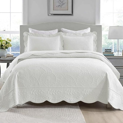 MarCielo 3-Piece 100% Cotton Oversized Bedspread Lightweight Quilt Coverlet Embroidery Farmhouse Bedding Set (TX Bright White, Oversized Queen (100"x106"))
