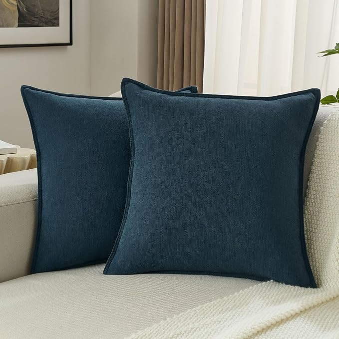FUTEI Navy Blue Chenille Throw Pillow Covers 26x26 Inch Set of 2,Edges Double-Stitched Euro Pillow Shams,Modern Home Decor for Couch Living Room