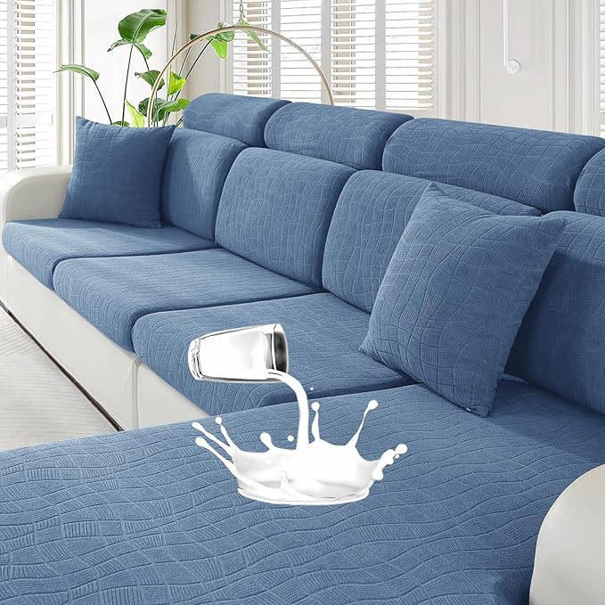 MAXIJIN Waterproof Couch Cushion Covers Stretch Sofa Seat Slipcovers Washable，Sectional Outdoor Cushion Covers with Elastic Bottom for Dogs Pets Kids (3 Pc Cushion Cover, Dusty Blue)