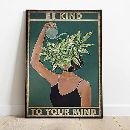 Framed Art Vintage Be Kind To Your Mind Poster Mental Health Quote Canvas Wall Art Cool Poster Unique Green Plant Girl Print Painting Retro Home Wall Decor Picture for Women Bedroom 12x16in