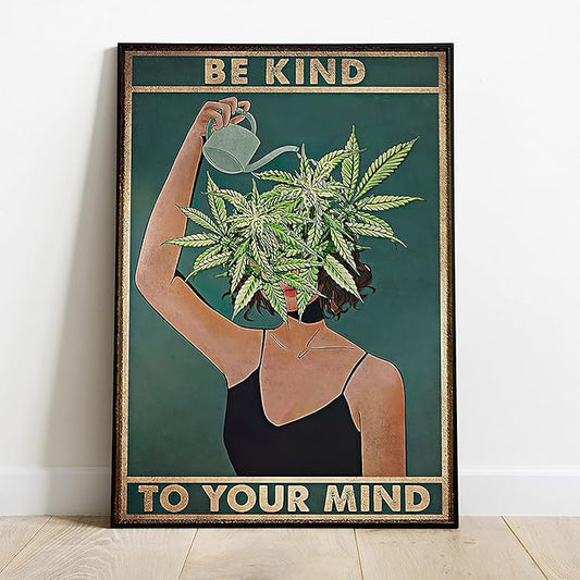Framed Art Vintage Be Kind To Your Mind Poster Mental Health Quote Canvas Wall Art Cool Poster Unique Green Plant Girl Print Painting Retro Home Wall Decor Picture for Women Bedroom 12x16in