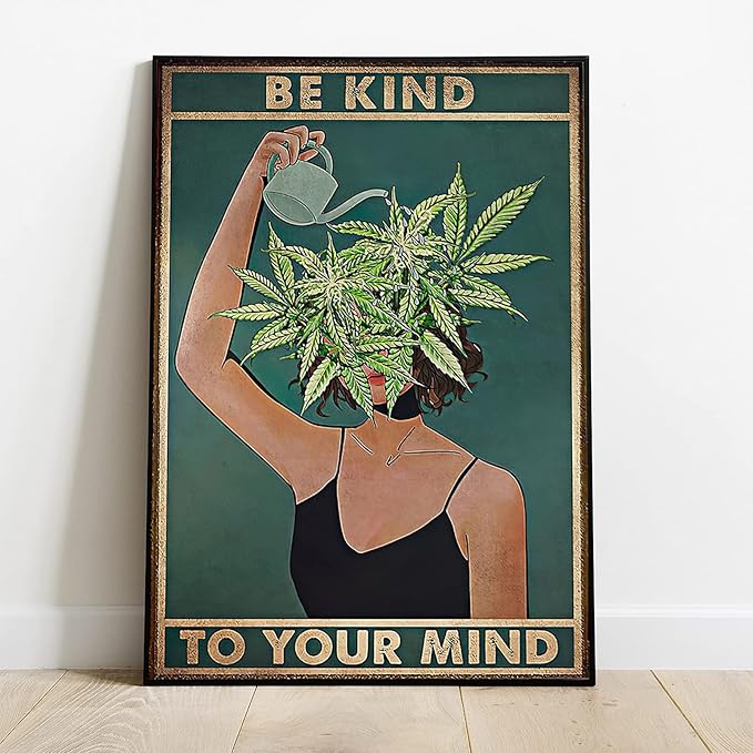 Framed Art Vintage Be Kind To Your Mind Poster Mental Health Quote Canvas Wall Art Cool Poster Unique Green Plant Girl Print Painting Retro Home Wall Decor Picture for Women Bedroom 16x24in