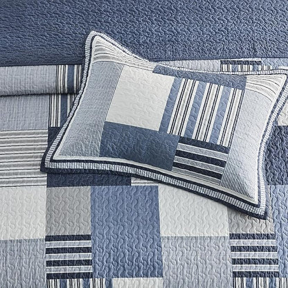 100% Cotton 120"x102" Oversized Quilt Bedspread, Plaid Patchwork Oversized Queen Extra Large Quilt Bedding Set, Reversible XL Bed Spread Lightweight Comforter, Blue, 3Pcs