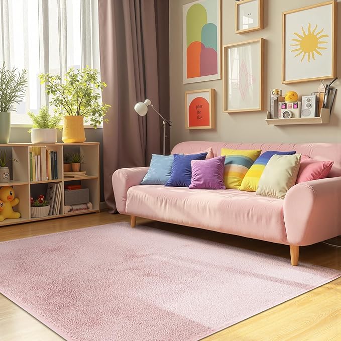 jinchan Solid Plush Area Rug 4x6 Performance Shaggy Washable Rug Indoor Soft Modern Faux Wool Cozy Non Slip Carpet for Living Room Kids Room Bedroom Dining Room Nursery Pink