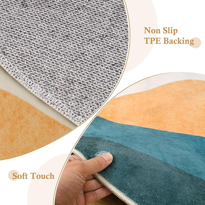 5 ft Abstract Round Rugs for Bedroom, Washable Non-Slip Circle Rug, Soft Colorful Low-Pile Floor Mat, Lightweight Indoor Throw Rugs for Living Room, Kidsroom, Entryway, Dining Room, Foyer