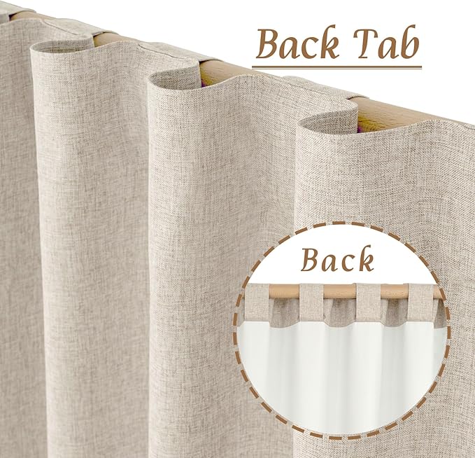 LAMIT 100% Blackout Linen Curtains 63 Inch Length, Linen Textured Thermal Bedroom Drapes Back Tab and Rod Pocket Neutral Panels with White Liner for Short Windows, 2 Panels, Oatmeal, 42 x 63 Inch