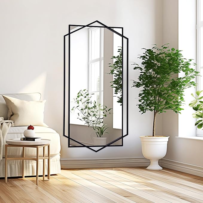 28"x 55" Decorative Mirror for Living Room with Hexagon and Rectangular Metal Frame, Entryway Mirror for Wall Decor, Vertical or Horizontal Hanging, Black