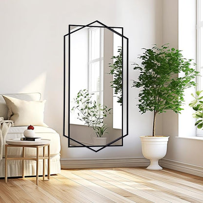 28"x 55" Decorative Mirror for Living Room with Hexagon and Rectangular Metal Frame, Entryway Mirror for Wall Decor, Vertical or Horizontal Hanging, Black
