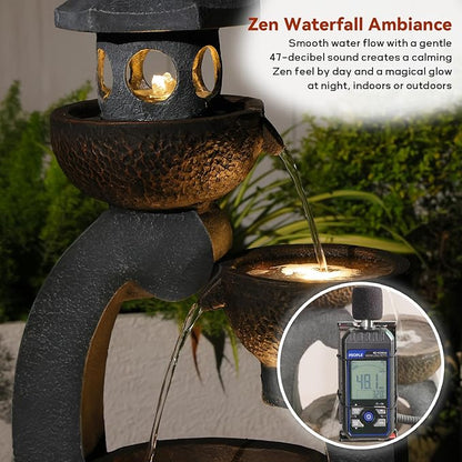 35.24”H Zen Outdoor Water Fountain Garden, Japanese Lantern Multi-Tier Waterfall Fountain Water Feature with Lights for Patio, Garden & Porch