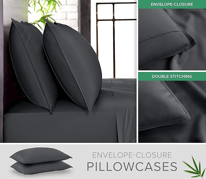 King Pillowcases by Pure Bamboo, Genuine 100% Organic Viscose Derived from Bamboo, Luxuriously Soft & Cooling, Double Stitching, Envelope Closure (2 King Pillowcases, Charcoal)