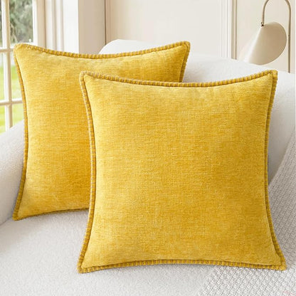 CaliTime Throw Pillow Covers Decorative 18 X 18 Inches Pack of 2 Cotton Thread Stitching Edges Solid Dyed Soft Chenille Cushion Cases for Couch Sofa Bed Living Room Farmhouse Mustard Yellow