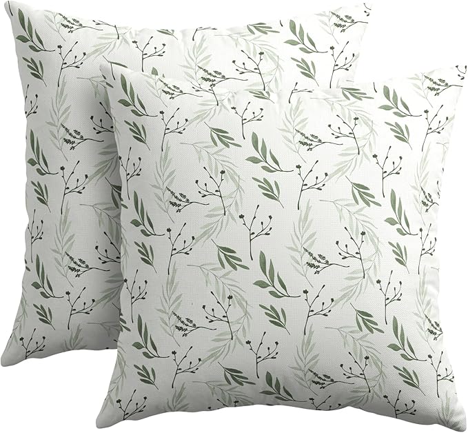 Sage Green Spring Pillow Covers 20x20 Set of 2 Leaves Throw Pillow Covers Neutral Pillowcase Linen Decoration Farmhouse Soft Decorative Plants Vintage Cushion Case Couch for Indoor Outdoor Home Decor