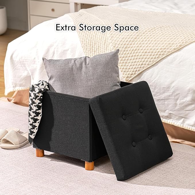 PINPLUS Storage Ottoman Cube, Linen Footrest with Wooden Legs, Foldable Fabric Footrest, Comfortable Seat with Lid, Ottoman with Storage for Living Room, 15"x 15"x 15"