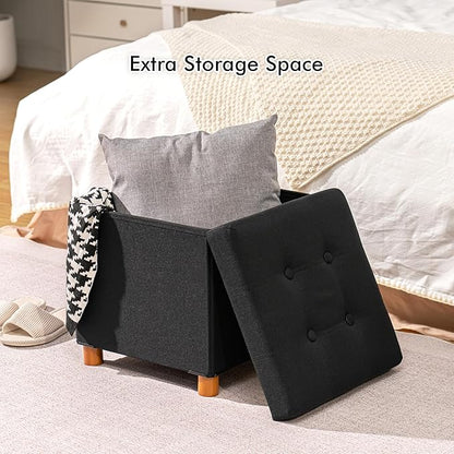 PINPLUS Storage Ottoman Cube, Linen Footrest with Wooden Legs, Foldable Fabric Footrest, Comfortable Seat with Lid, Ottoman with Storage for Living Room, 15"x 15"x 15"