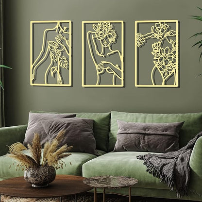 CHENGU 3 Pieces Gold Wall Decor Minimalist Wall Art Metal Line Wall Art Wall Decor for Bedroom Single Line Female for Kitchen Bathroom Living Room(Simple Style)