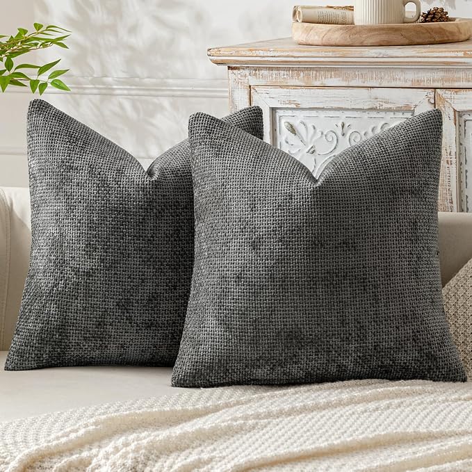MIULEE Pack of 2 Couch Throw Pillow Covers 18x18 Inch Dark Gray Modern Boho Accent Decorative Pillow Covers Soft Chenille Farmhouse Cushion Covers for Home Decor Bed Sofa Living Room