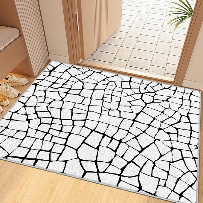 Black and White Area Rug, Abstract Rug 7x10, Contemporary Minimalist Rugs, Geometric Cracks Area Rugs, Modern Geometric Carpet for Living Room, Washable Non Slip Home Decor Mat
