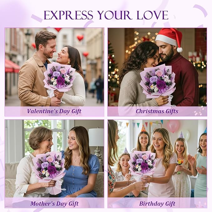 Flowers for Delivery Preserved Flowers with Vase That Last 3-5 Years Real Forever Flowers Purple Rose Bouquet for Mom Birthday Thanksgiving Christmas Gift for Women Grandma Wife Friends Her