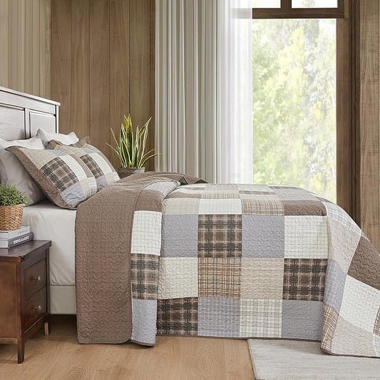 100% Cotton King Bedspread 128"x120", Oversized Quilt Bedspread Coverlet Set, Farmhouse Plaid Patchwork Pattern, Reversible Quilted Bedding Set, 3 Pieces, Khaki/Gray/Brown