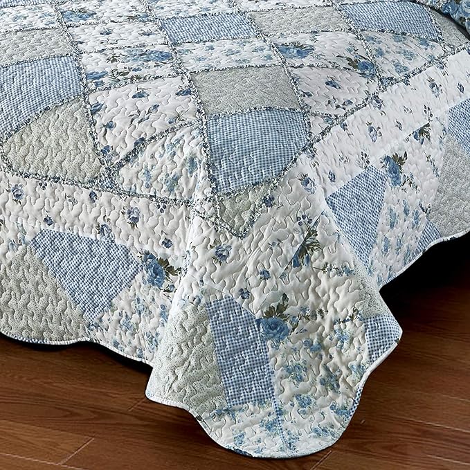 Oversized King Size Blue Floral Plaid Patchwork Quilt Set 128x120 Extra Wide Super King Size Rversible Quilted Bedspread Coverlet Set 3-Piece Comforter Bedding Set Bed Cover with 2 Pillow Shams