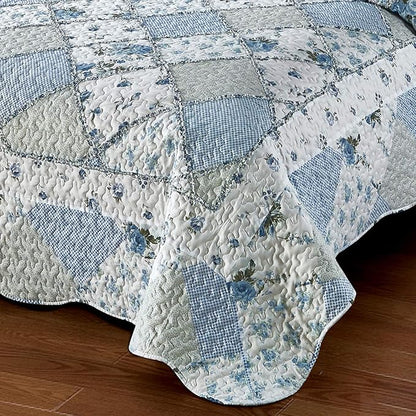 Oversized King Size Blue Floral Plaid Patchwork Quilt Set 128x120 Extra Wide Super King Size Rversible Quilted Bedspread Coverlet Set 3-Piece Comforter Bedding Set Bed Cover with 2 Pillow Shams