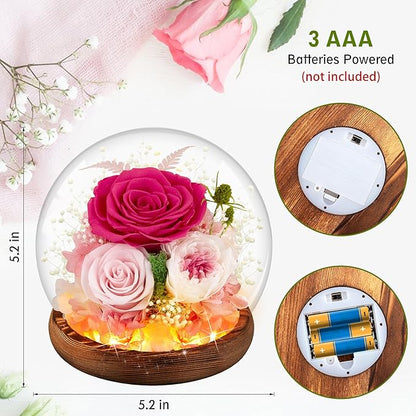 Pink Rose Birthday Gifts for Women Forever Flowers for Delivery Real Rose in Glass Dome with LED Strip, Preserved Flowers Gifts for Wife Girlfriend Mom on Wedding Anniversary