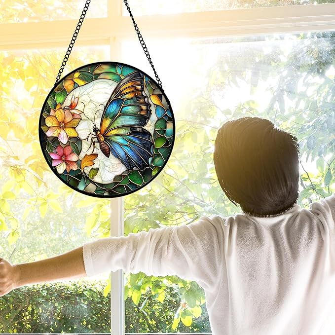 DASTOLL Stained Glass Window Hanging, Butterfly Flower Sun Catchers Diamond Glass Panel Hangings Insect Suncatcher Decor for Birthday for Women, Men, Wife, Aunt, and Mom 15x15 in