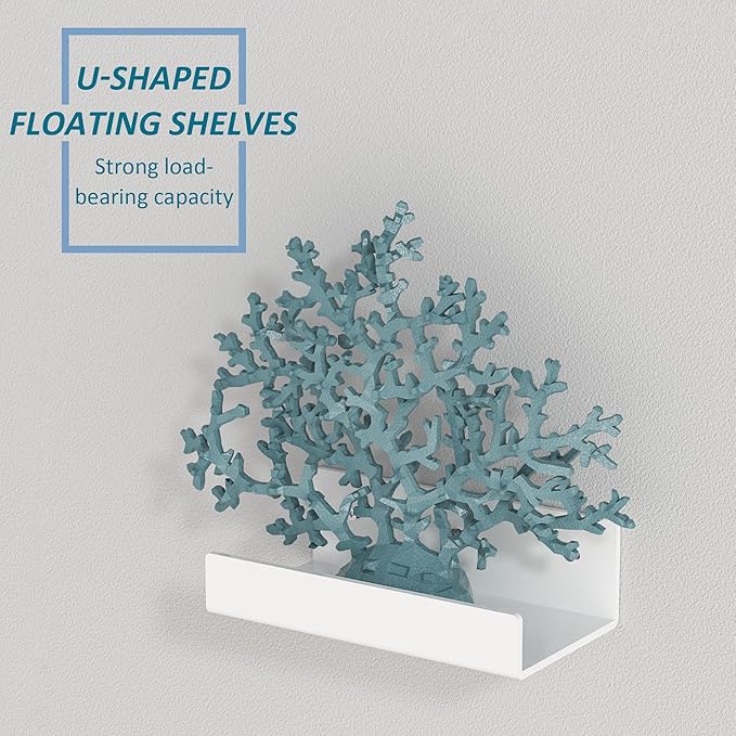 7 Inches White Acrylic Wall Display Shelves 2 Pack, U Shape, Wall Shelves Organizer for Bottles, Small Plants, Picture Frames, Beer, Wine, Décor