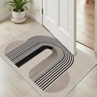 Modern Washable Rug for Living Room 3x5, Boho Abstract Striped Area Rugs, Soft Non Slip Low Pile Farmhouse Carpet for Bedroom Dining Room Kitchen, Stain Resistant, Pet Friendly, Beige Black