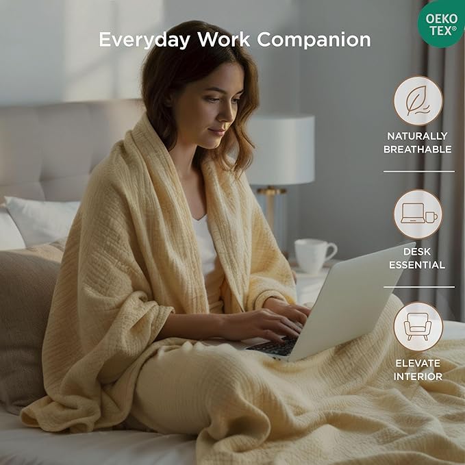 Threadmill Muslin Throw Blanket | 4 Layer 100% Cotton Gauze | Lightweight, Breathable, and Soft All Season Blanket | 50 x 65 Cozy Throw for Sofa, Couch & Bed | Beige