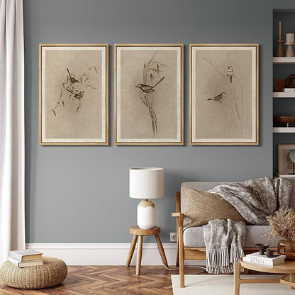 MUDECOR Framed Wall Art Print Set Vintage Bird Wheat Ear Illustrations Modern Art Boho Decorative Colorful Chic for Living Room, Bedroom, Office - 24"x36"x3 Natural