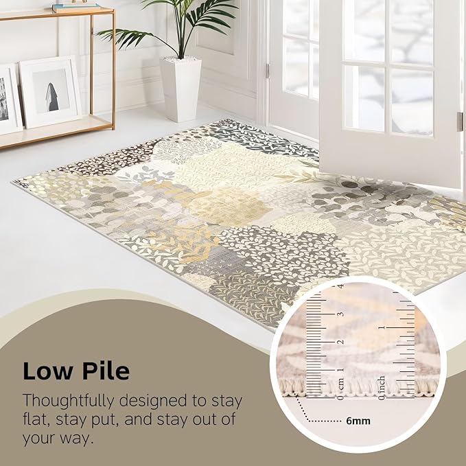 DEXDE Large Round Rug 9ft Washable Circle Area Rugs, Non Slip Low Pile Boho Floral Circular Carpet for Bedroom Bathroom Entryway Kids Room Office Dining Room, Gray