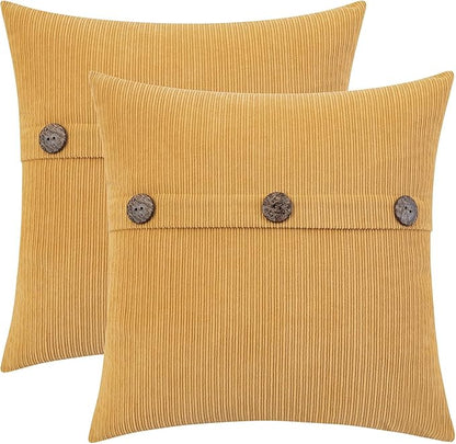 HWY 50 Mustard Yellow Chenille Throw Pillow Covers 16x16 Inch with Triple Buttons, Soft Farmhouse Accent Decorative Cushion Cases for Couch Sofa Bed Living Room Pack of 2