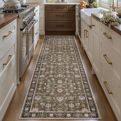 Tangsoo 2x6 Washable Runner Rug for Hallway, Non Slip Boho Vintage Brown Floral Rug Runner for Kitchen Entryway, Distressed Floor Carpet Soft Low Pile Indoor Mat for Bedroom Bathroom Laundry