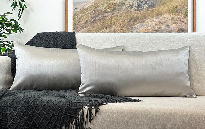 Aiking Home 12x24 Inches Faux Silk Rectangular Throw Pillow Cover, Zipper Closure, Silver (Set of 2)