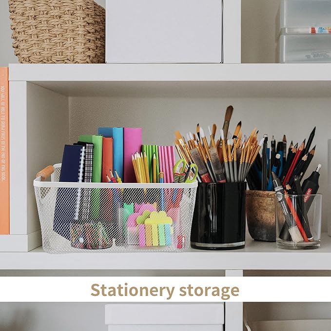 2Pack Metal Mesh Steel Basket with Bamboo Handle - Wire Metal Basket for Kitchen Organization, 12" Wide Food Organizer Bin, Perfect for Organizing Bulk Pantry (WHITE)